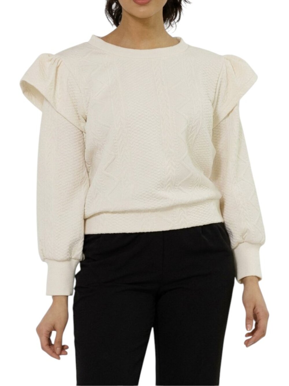 Leota Cream Ashley Sweatshirt Ruffle Jacquard Cable Knit Long Sleeve Size L